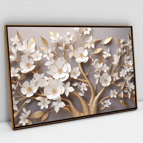 Quadro Decorativo Floral Luxo Árvore da Paz em Tela Canvas Tacolado Moldura Flutuante 4,5cm Freijó 8