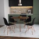 Ver imagem 1 de Mesa Jantar Redonda 110Cm Amêndoa Clips 3 Pés Com 4 Cadeiras Pretas Base Cobre - Cor: Amendoa