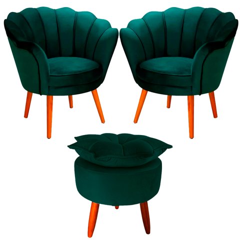 Kit 2 Poltronas com Puff Decorativa Pétala de Flor Sala Esmaltaria Salão Escritório Verde