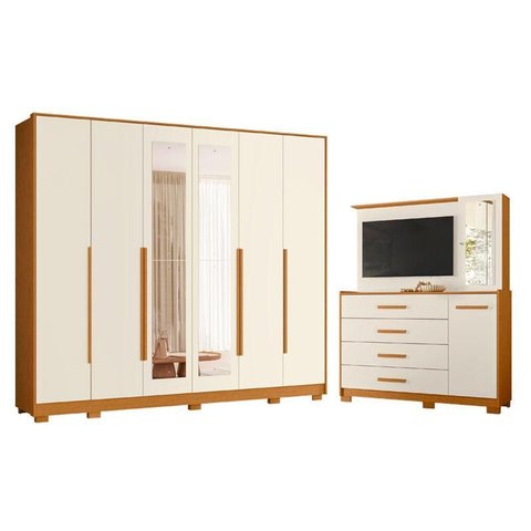 Guarda Roupa Casal Mercure com Espelho 6 Portas e Cômoda Ilhabela 02 Portas 04 Gavetas Cinamomo Off