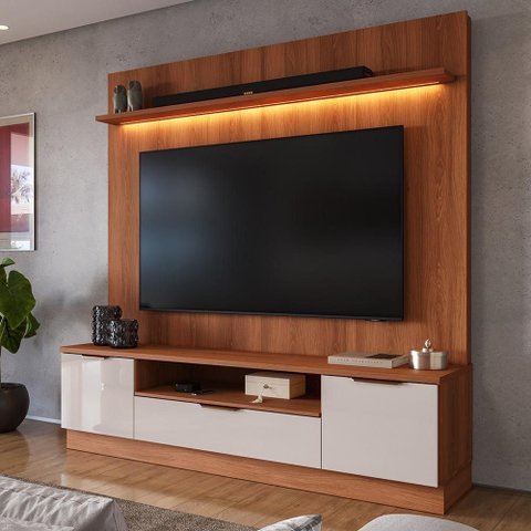 Estante Home Noble 1.8 para TV até 75”c/Luz de LED para Sala Jequitiba/Off White Jequitiba/Off