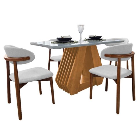 Mesa de Jantar Tampo de Vidro 130 e 4 Cadeiras Madeira Linho Cru