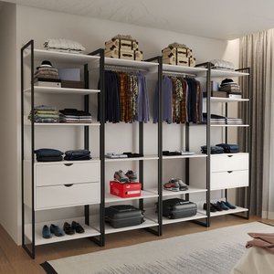 Guarda Roupa Aberto Industrial Casal Modulado Completo Branco Cabideiro com Gavetas Ferro Preto