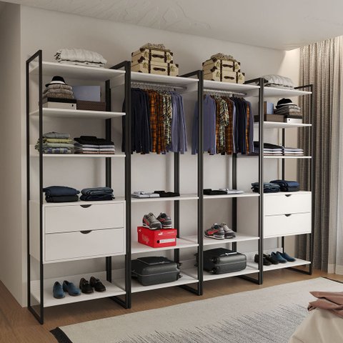 Guarda Roupa Aberto Industrial Casal Modulado Completo Branco Cabideiro com Gavetas Ferro Preto