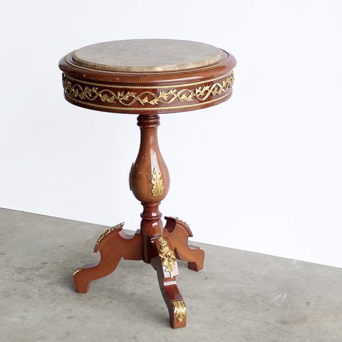 Mesa Lateral Redondo Madeira de Faia Torneado Bronze Incrustado Luxo