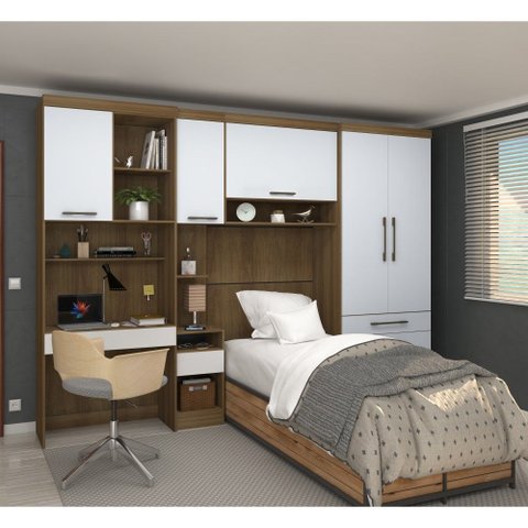 Guarda Roupa Solteiro Modulado com Escrivaninha Paris Luciane M01:branco