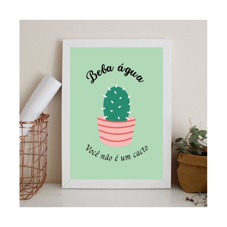 Quadro Lembrete Beber Água - Beba Água 24x18cm - com Vidro:madeira Branca