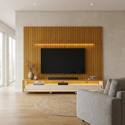 Rack com Painel para TV 90 Polegadas com LED 100% MDF 250cm x 260cm Casuá Marrom Naturale Off Whit