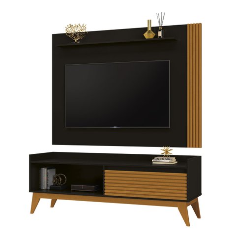 Rack com Painel Audax 1.48 Preto com Cedro Natural - MóveisAqui