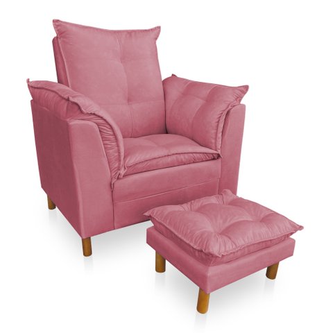 Poltrona de Amamentação com Puff Laura Veludo Rosa - Pallazio