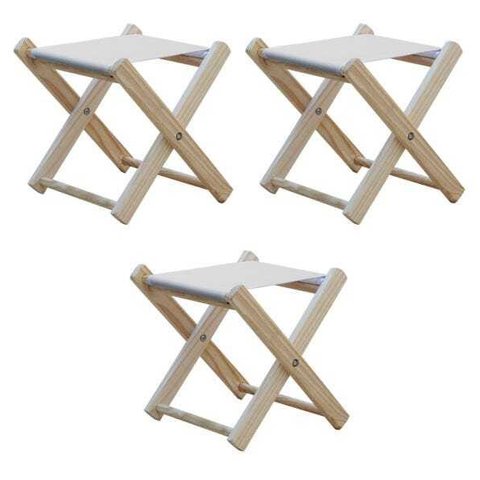 Conjunto 3 Banquetas Pescador Madeira Maciça Natural com Tecido Bege