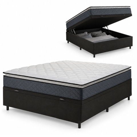 Cama Box Baú Casal Colchão Espuma D45 Pillow Top Strong 138x188x65cm Cinza/Preto Hellen