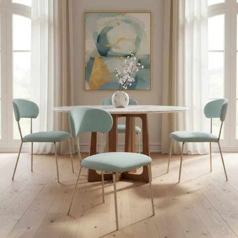 2 Cadeiras Jantar Tecido Bouclé Azul Estrutura Champagne Luxo