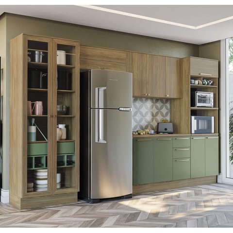 Armário de Cozinha Modulada Completa Reta 6 Peças 3,50m Botanic Kappesberg - Nogueira/Verde Oliva