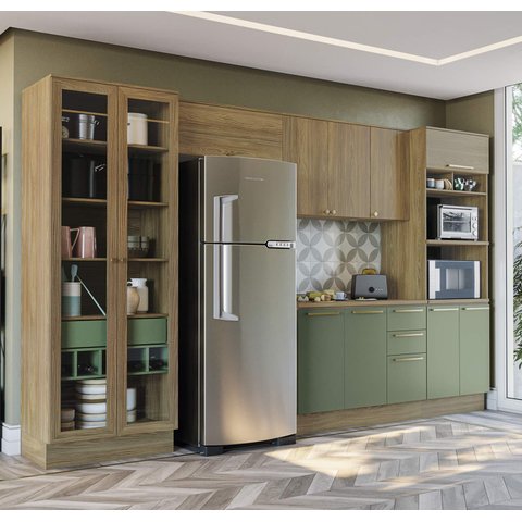 Armário de Cozinha Modulada Completa Reta 6 Peças 3,50m Botanic Kappesberg - Nogueira/verde Oliva