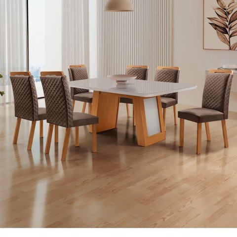 Conjunto de Jantar Carolina 6 Lugares Tampo MDF com Vidro e Cadeiras Estofadas Marrom 180cm Moderna