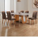 Ver imagem 1 de Conjunto de Jantar Carolina 6 Lugares Tampo MDF com Vidro e Cadeiras Estofadas Marrom 180cm Moderna