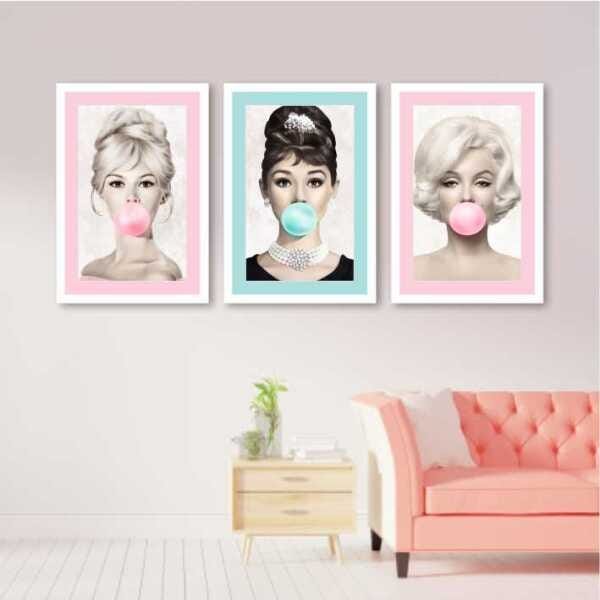 Kit 3 Quadros Marilyn Monroe Audrey Brigitte Borda Colorida 40x60 cm - 1