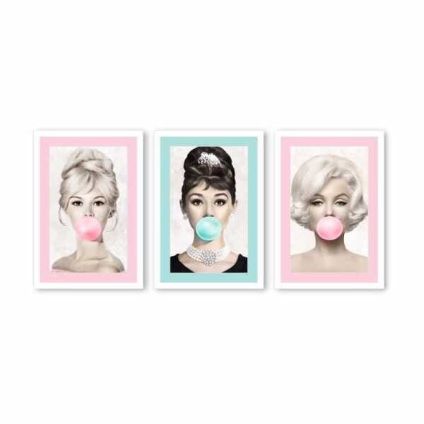 Kit 3 Quadros Marilyn Monroe Audrey Brigitte Borda Colorida 40x60 cm - 2