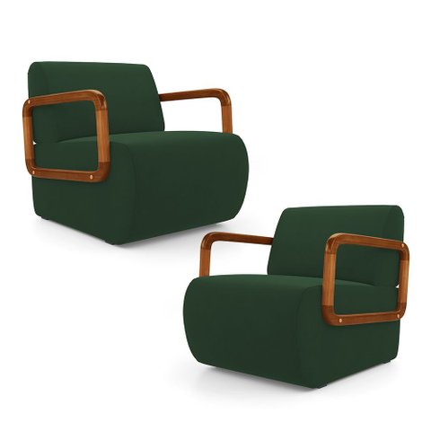 Kit 02 Poltronas Decorativas Orgânica Living Kavya Veludo Verde Escuro - Abmaza