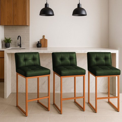 Banqueta Cozinha Alta com Encosto Industrial Kit 3 Bronze Lirina Pu Verde C05 - D’Rossi