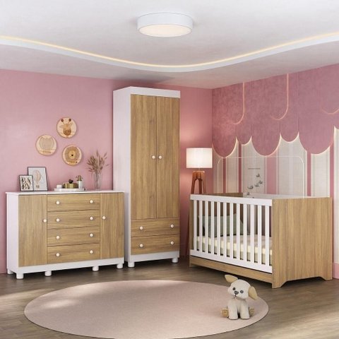 Quarto de Bebê Completo Berço Americano 3 em 1 Colchão Allegra Multimóveis Mp4610 Branco/