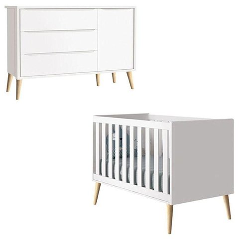 Berço Americano e Cômoda com Porta Infantil Theo Branco Acetinado Pés Madeira Natural ? Reller