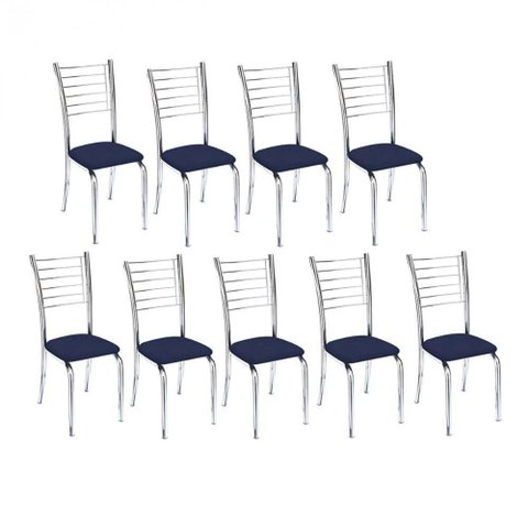 Kit 9 Cadeiras de Jantar Lara Cromada para Cozinha Assento Sintético Azul Marinho - Aurora Line
