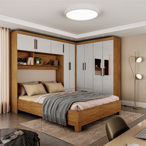 Guarda-roupa Casal Modulado 5 Portas com Cama Hercules 4 Portas 4 Gavetas com Espelho