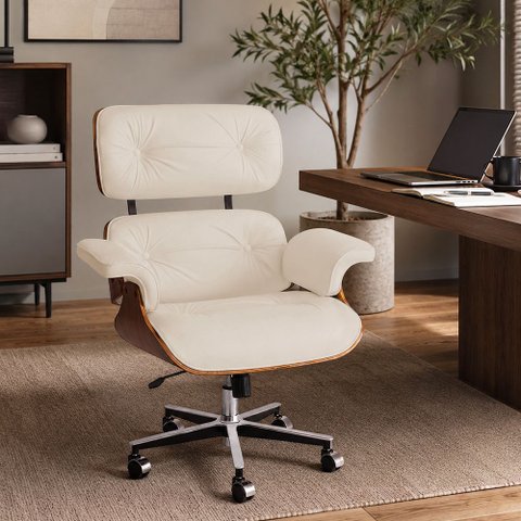 Poltrona Charles Eames Office Couro Natural Linha Premium Design Atemporal Escritório - Off-White