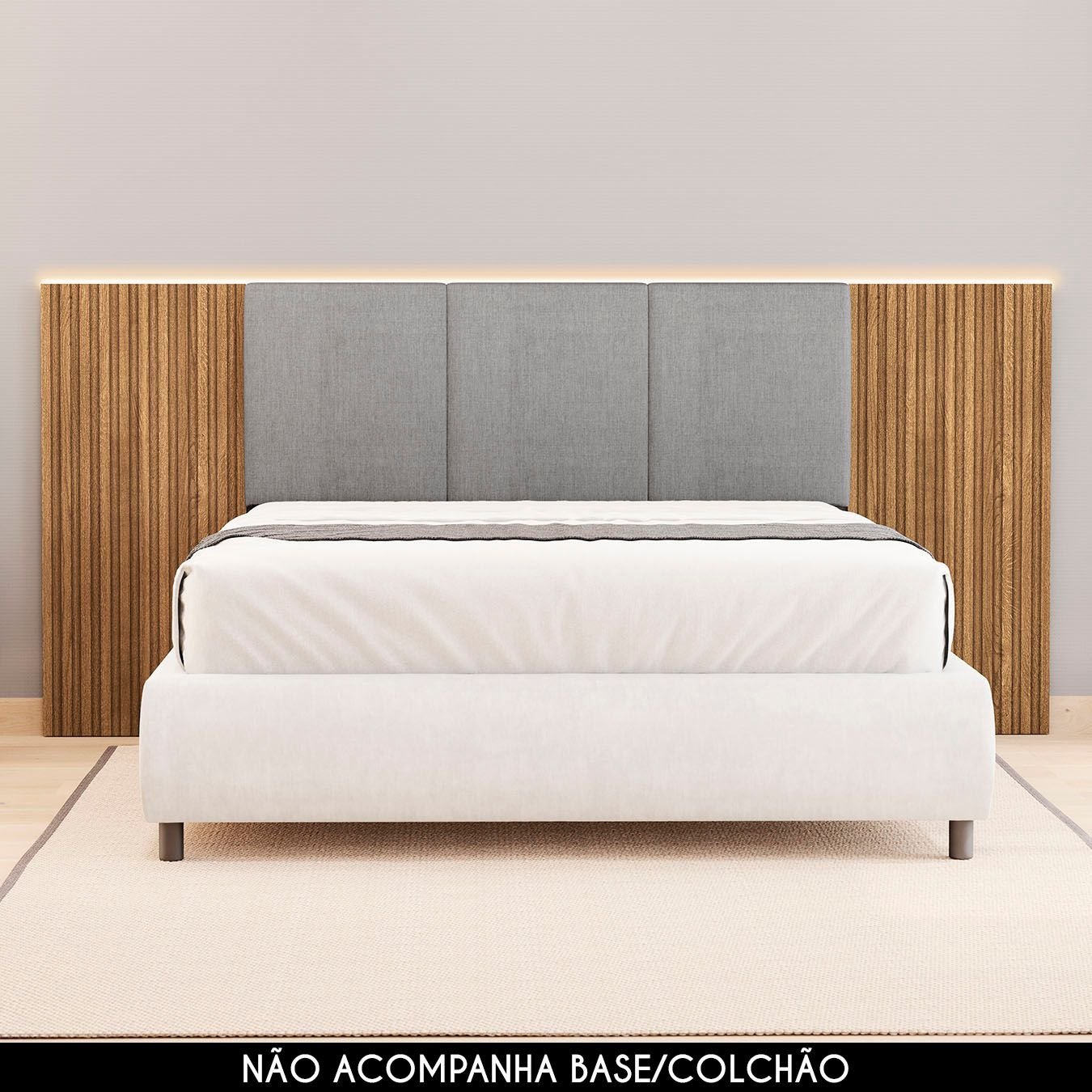 Cabeceira Casal Queen 268cm com Led Cleo Linho Cinza V02