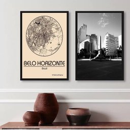 Kit 2 Quadros Belo Horizonte- Mapa e Fotografia 24x18cm - com Vidro:madeira Preta - 1 Kit 2 Quadros Belo Horizonte- Mapa e Fotografia 24x18cm - com Vidro:madeira Preta - 1