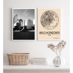 Kit 2 Quadros Belo Horizonte- Mapa e Fotografia 24x18cm - com Vidro:madeira Preta - 2 Kit 2 Quadros Belo Horizonte- Mapa e Fotografia 24x18cm - com Vidro:madeira Preta - 2