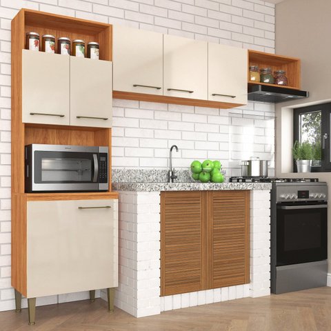 Cozinha Compacta 6 Portas 198cm x 240cm Malu Bege/Cinamomo/Off White
