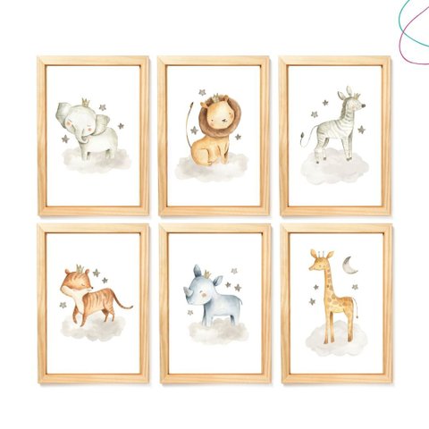 Kit 6 Quadros Decoração Quarto Infantil Safari Baby Aquarela:pinus