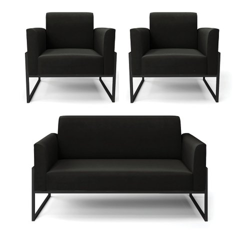 Sofá Namoradeira com 2 Poltronas Base Industrial Alta Preto Marisa Suede Preto D03 - D’Rossi