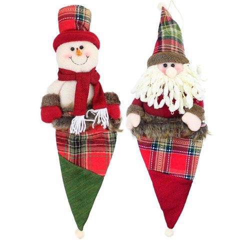 Kit 4 Enfeites Árvore Natal Papai Noel e Boneco Neve Saco Natalino Xadrez