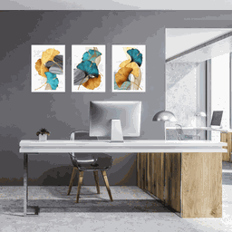 Tríptico - Quadros Decorativos Floral Azul Dourado Grande:Branco - 2