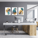 Ver imagem 2 de Tríptico - Quadros Decorativos Floral Azul Dourado Grande:Branco