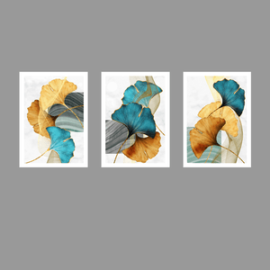 Tríptico - Quadros Decorativos Floral Azul Dourado Grande:Branco