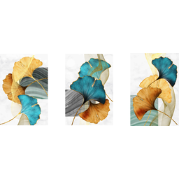 Tríptico - Quadros Decorativos Floral Azul Dourado Grande:Branco - 4