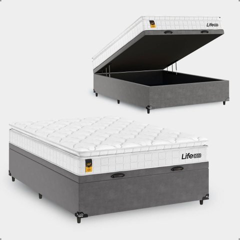 Cama Box Baú Viúva Cinza + Colchão Life D33 Pillow Top 61x128x188cm Branco - e-Shop Casa
