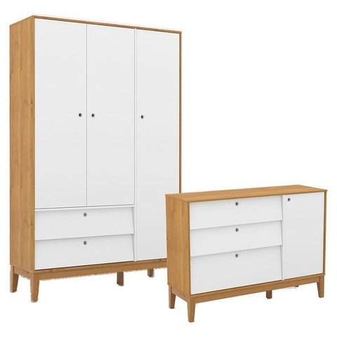 Cômoda Sapateira e Guarda Roupa Unique 3 Portas Freijó Branco Soft Eco Wood - Matic