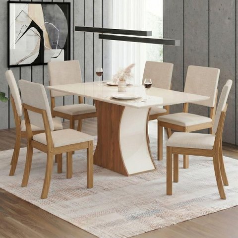 Conjunto Sala de Jantar Layla Trend 6 Lugares Tampo MDF Cadeiras Estofadas Off White 160cm Casa 812