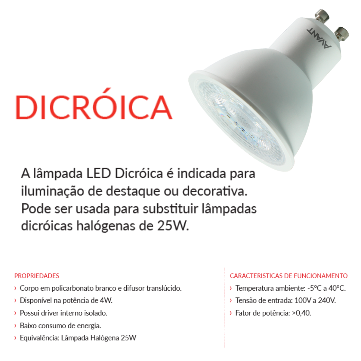 Lampada Dicroica Mr16 Avant Gu10 Bn 4.8w - 6