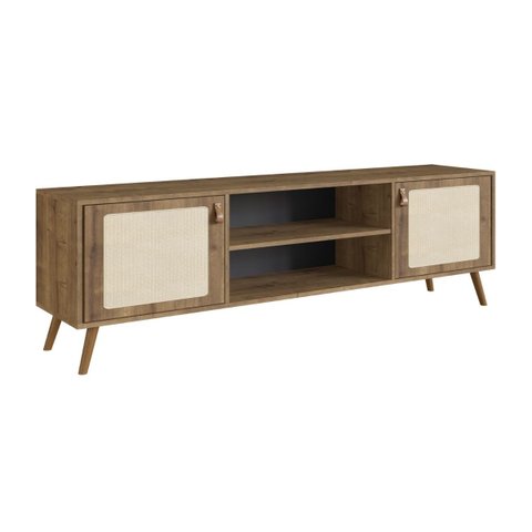 Rack Viena com Pés de Madeira Tela Natural e Couro 180cm:woodmel
