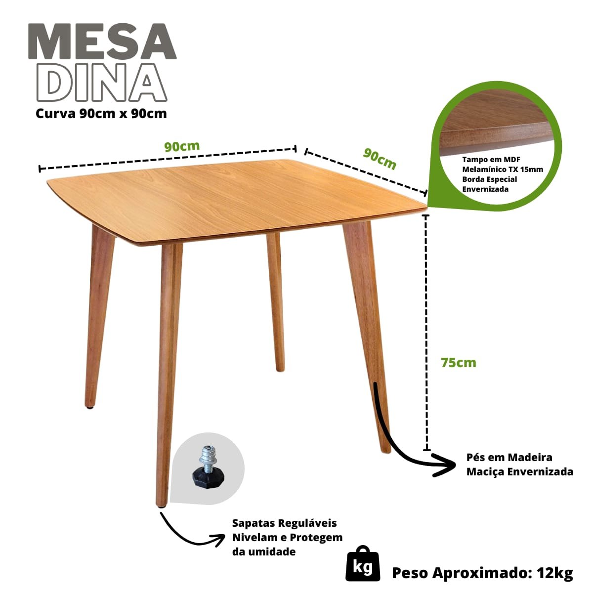 Mesa de Jantar Quadrada Especial em Madeira de 90cm na Cor Freijó - 4