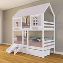 Ver imagem 1 de Beliche Casinha Bela com 2 Gavetas Kit Escada/escorregador - Madeira Maciça Branco/rosa | Housin