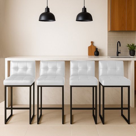 Banqueta Cozinha Alta com Encosto Industrial Kit 4 Preto Lirina Pu Branco C05 - D’Rossi