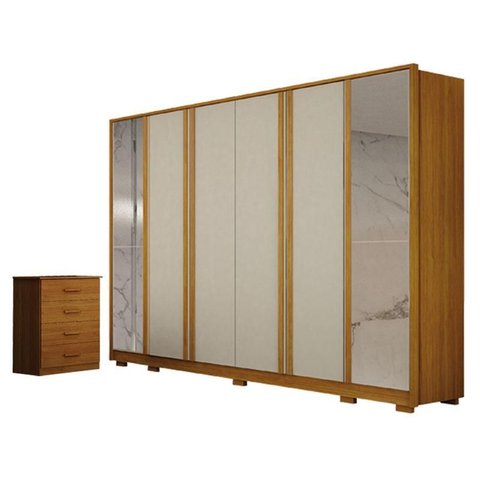 Guarda Roupa Casal Ares 6 Portas com Espelho Cinamomo Off-white com Cômoda Rubi 4 Gavetas Cinamomo –
